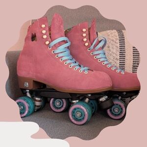 Pink Suede Roller Skates with Blue Laces